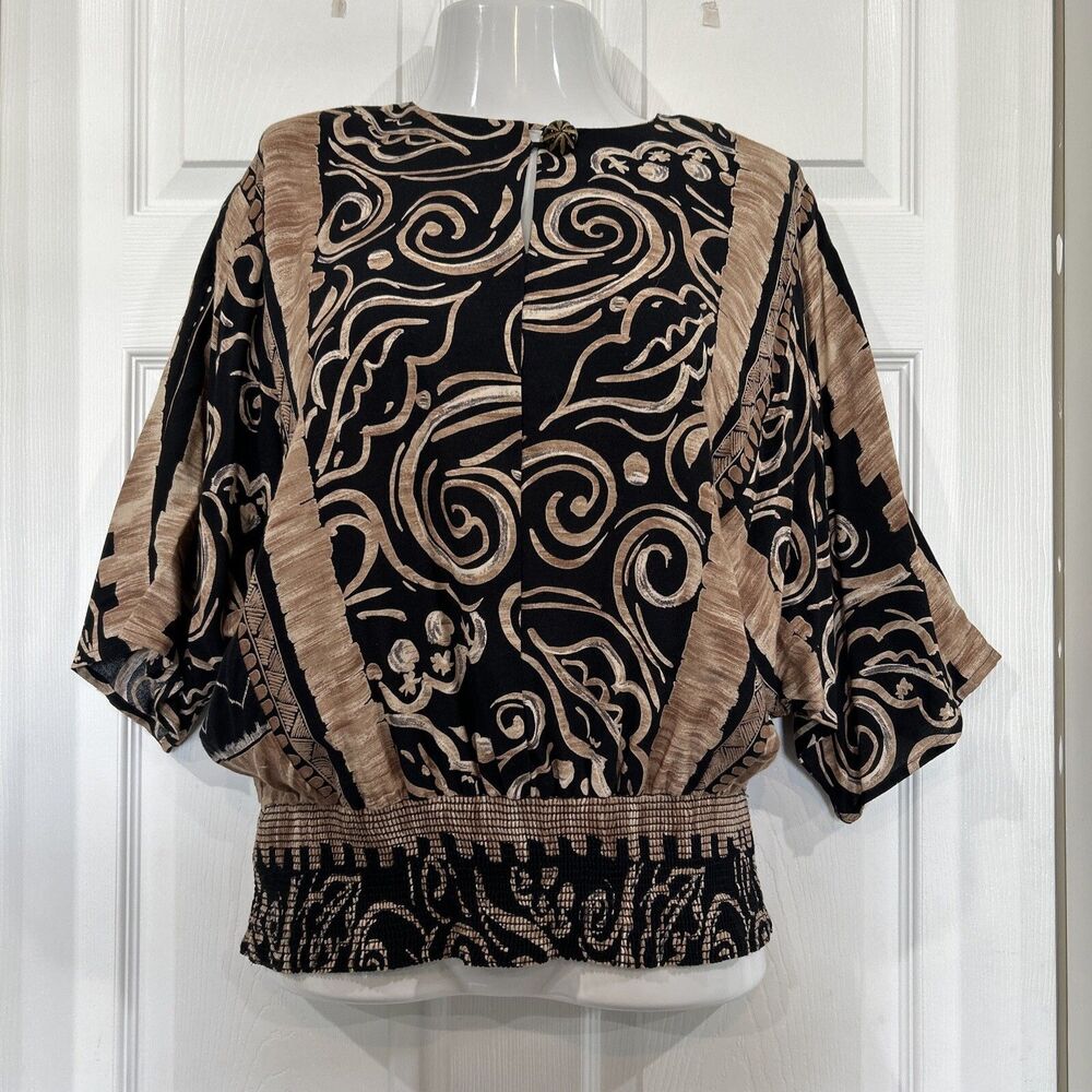Vintage A.C. Sport Black Tribal Print Women's 14 Smocked Hem Blouson Top